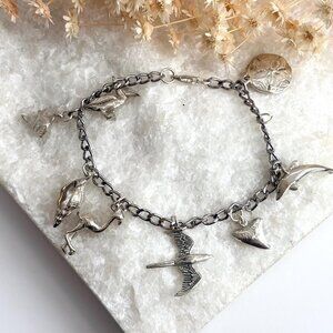 Nautical Themed Silver Toned Multi Charmed Vintage Hand Carved Bracelet - 8"